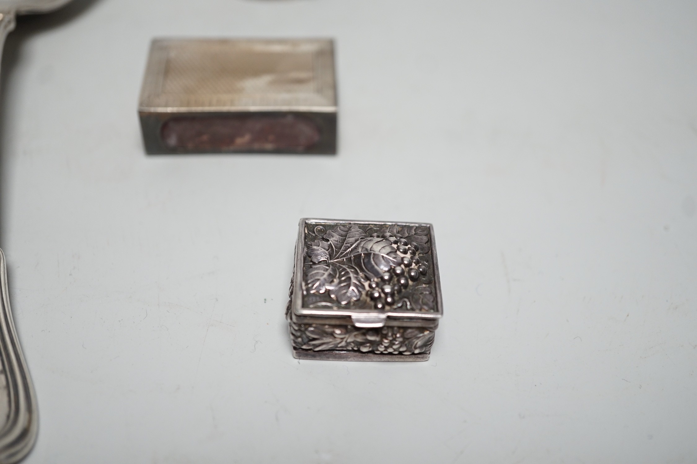 A pair of George V sterling silver salad servers, Birmingham import marks, 22cm, a modern silver pill box and match sleeve and a modern silver (filled) model squirrel.